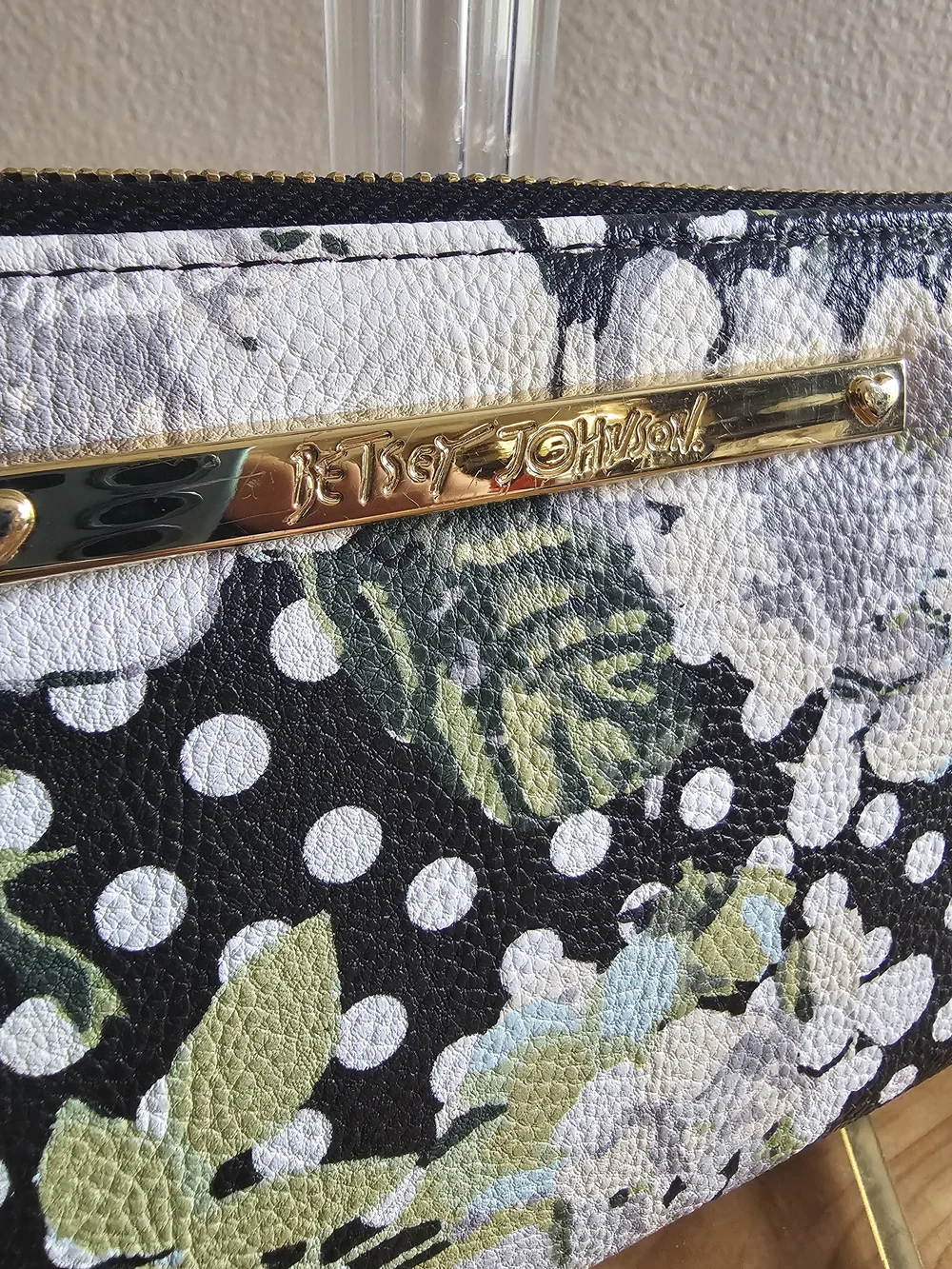 Betsey Johnson Black Floral Polka Dot Zip Wristlet Wallet